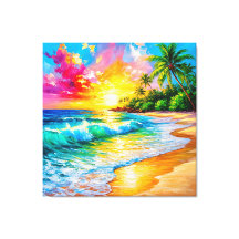 Pintura vibrante del atardecer tropical con olas