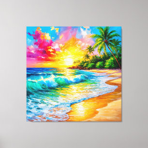 Lienzo Pintura vibrante del atardecer tropical con olas