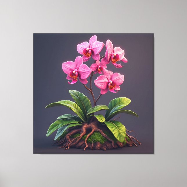 Lienzo Planta de orquídea rosa con hojas verdes (Anverso)