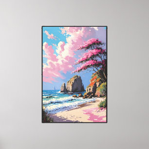 Lienzo Playa al atardecer con velero y árbol en flor