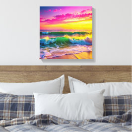 Lienzo Playa con olas de océano amarillo y rosa vibrantes