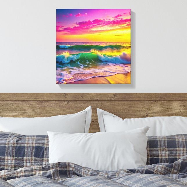 Lienzo Playa con olas de océano amarillo y rosa vibrantes (Insitu(Dormitorio))