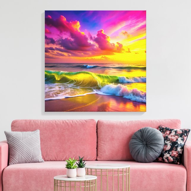 Lienzo Playa con olas de océano amarillo y rosa vibrantes (Insitu (Sala de estar))