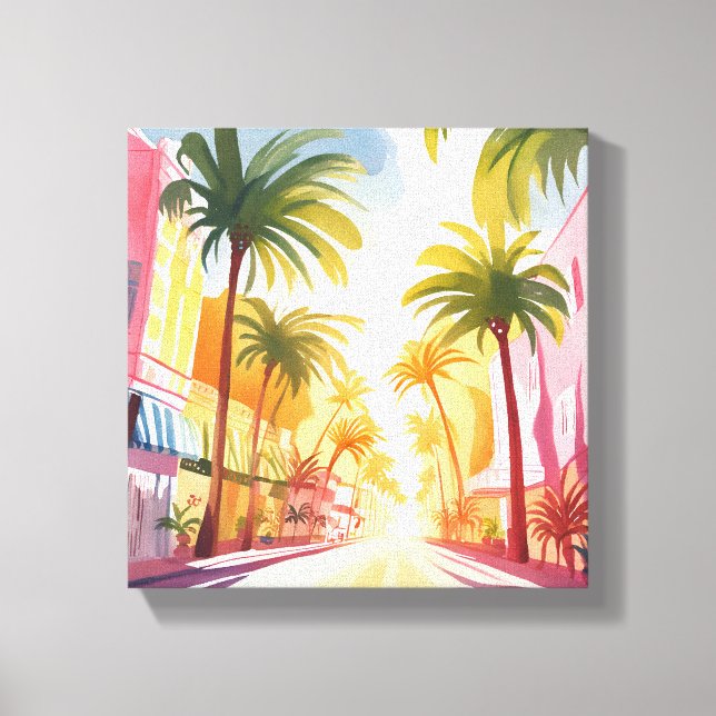 Lienzo Playa de Miami | Pintura Acuarela Colorida Brillan (Anverso)