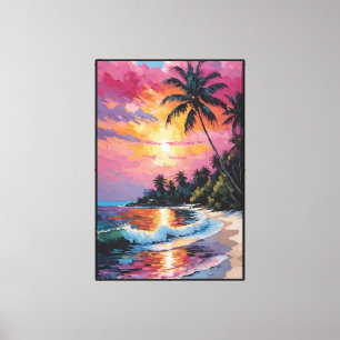 Lienzo Playa de puesta de sol tropical con palmeras – Abs