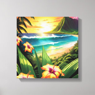 Lienzo Playa de Sunset con flores y palmeras