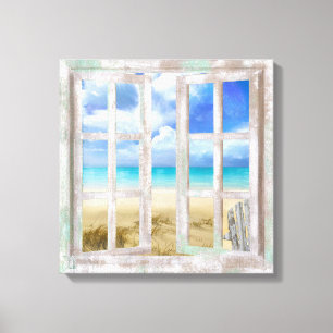 Lienzo Playa en la cabaña costera de la ventana abierta