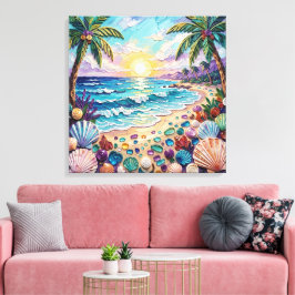 Lienzo Playa Impasto y puesta de sol y amanecer con vidri