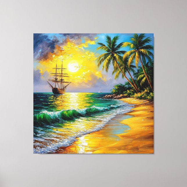 Lienzo Playa tropical al amanecer con un barco a vela (Anverso)