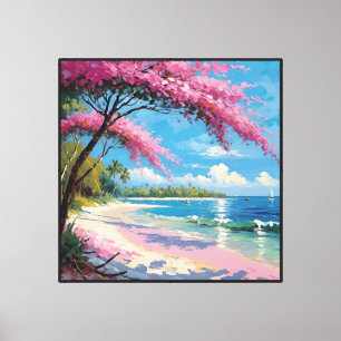 Lienzo Playa Tropical con Palmeras y Árbol en Flor