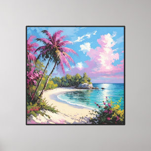Lienzo Playa Tropical con Palmeras y Flores Rosadas 