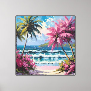 Lienzo Playa Tropical con Palmeras y Flores Rosadas  