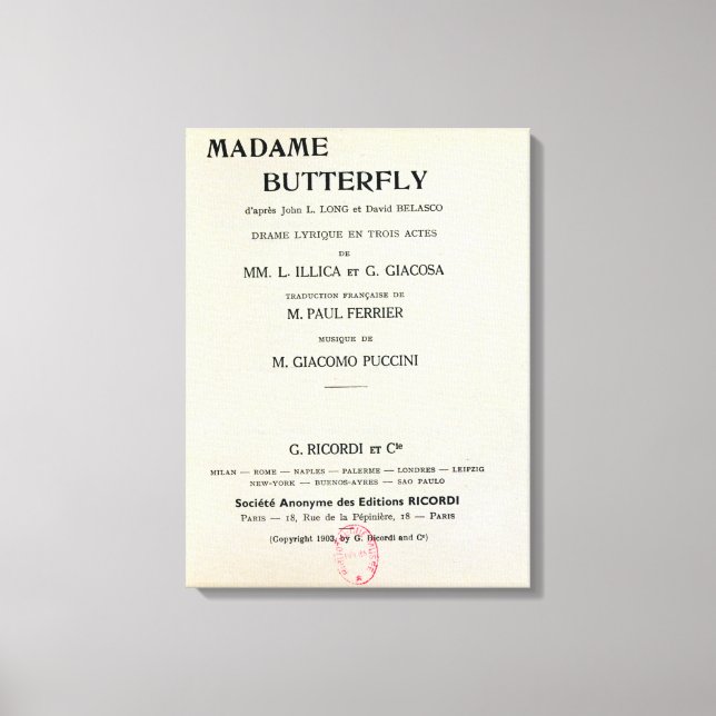 Lienzo Playbill para Madame Butterfly de Giacomo (Anverso)
