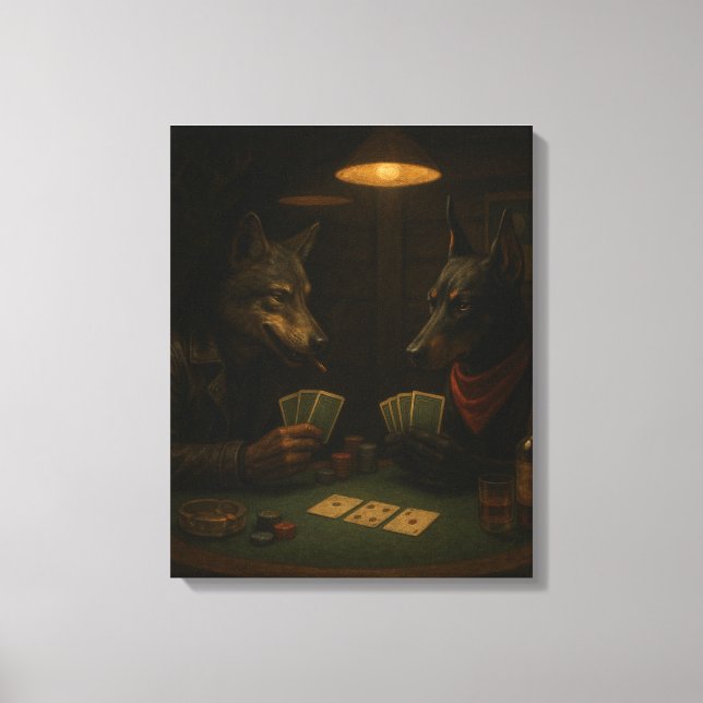 Lienzo Poker Night | Wolf and Doberman Noir Art (Anverso)