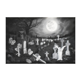Lienzo Por la noche en el cementerio - Ángel con el diabl