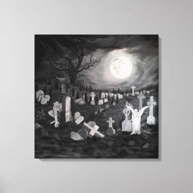 Lienzo Por la noche en el cementerio - Ángel con el diabl (Anverso)