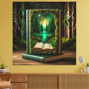Lienzo Portal de libro surrealista que revela un bosque e