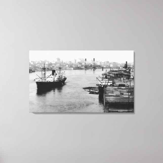 Lienzo Portland, OR Ver Lumber Wharf y Ocean Liner (Anverso)