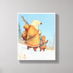 Lienzo Póster de guardería de invierno de oso polar y niñ