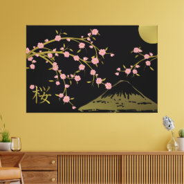 Lienzo Póster de pantalla japonés negro dorado Sakura ros