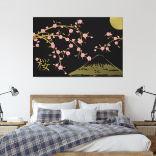 Lienzo Póster de pantalla japonés negro dorado Sakura ros