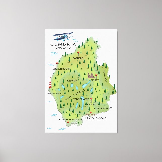 Lienzo Póster de viaje del mapa de Cumbria Inglaterra. (Anverso)