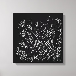 Lienzo Pradera nocturna floral blanca y negra dibujada a