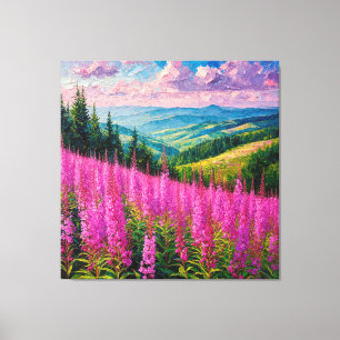Lienzo Prado de flores silvestres con paisaje montañoso