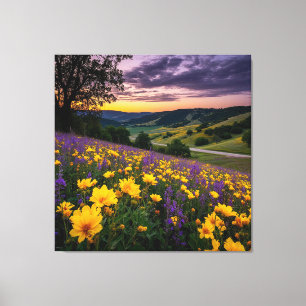 Lienzo Prado Hermoso con Flores Vibrantes al Amanecer