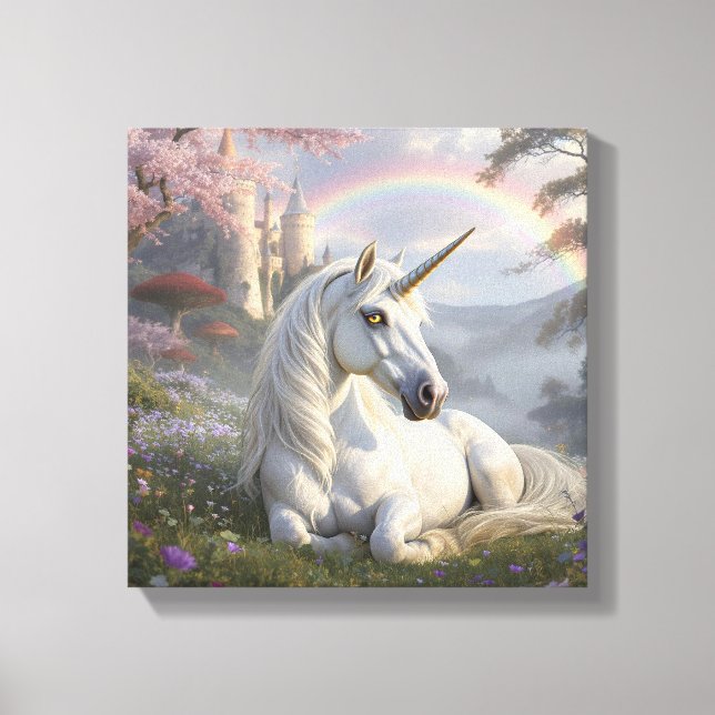Lienzo Precioso Unicornio, Castillo y Arcoíris (Anverso)