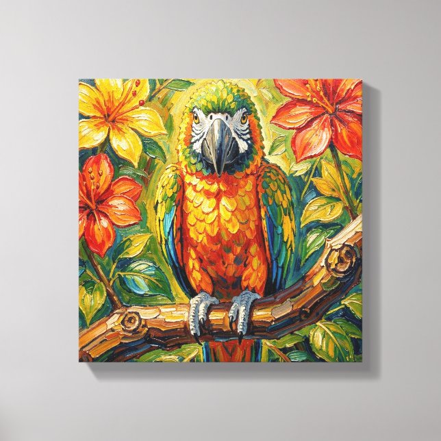 Lienzo Pretty Colorful Impasto Parrot and Tropical Flower (Anverso)