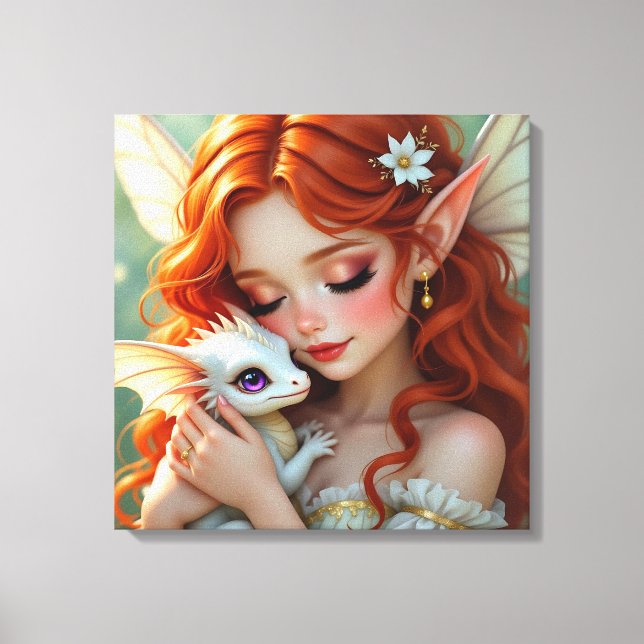 Lienzo Pretty Red Haired Fairy with Dragon (Anverso)