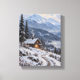Lienzo Primera Nieve en la Cabaña Azul Fresca – Paisaje I