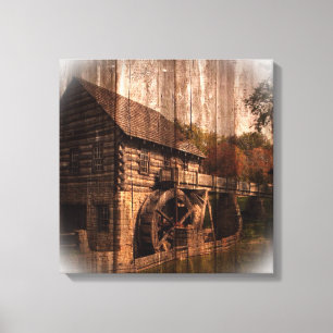 Lienzo Primitive Barn Wood granjero molino rueda de agua