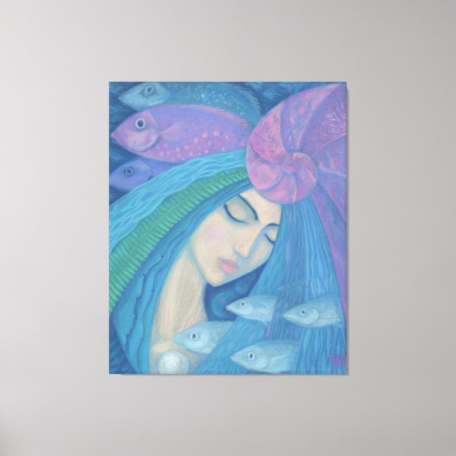 Lienzo Princesa Sirena, fantasía submarina, azul rosado (Anverso)