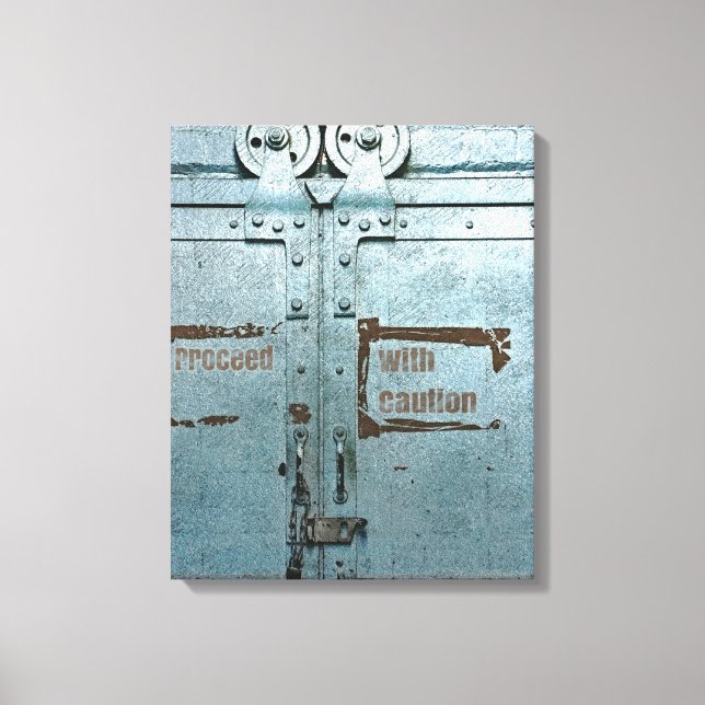 Lienzo Proceder con cautela puerta industrial gris azul (Anverso)