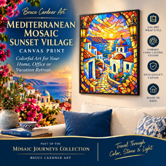 Lienzo Pueblo Café Puesta de sol mosaico mediterráneo
