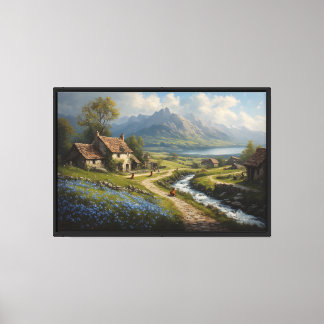 Lienzo Pueblo junto a un río con montañas y flores azules