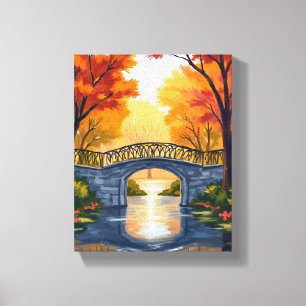 Lienzo Puente del parque de otoño Acuarela de follaje d