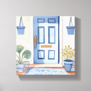 Lienzo Puerta Frontal Azul   Pintura al Acuarela de Casa