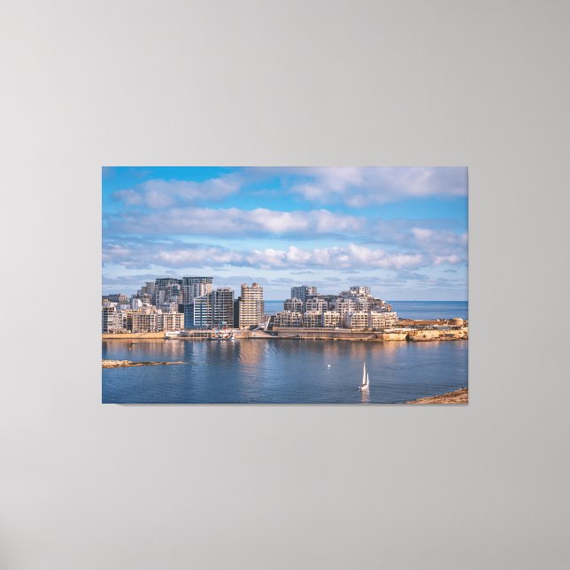 Lienzo Puerto de Sliema y rascacielos de Malta (Anverso)