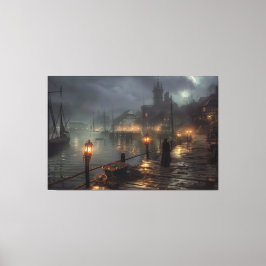 Lienzo Puerto de Victoria por noche: pueblo pesquero