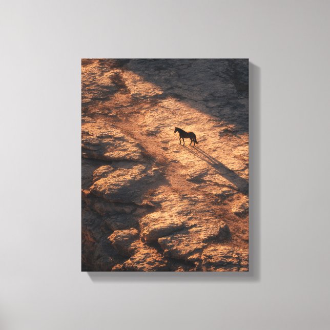 Lienzo Puesta de sol ardiente Silueta de caballo solitari (Anverso)