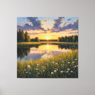 Lienzo Puesta de sol brillante y tranquila sobre un lago