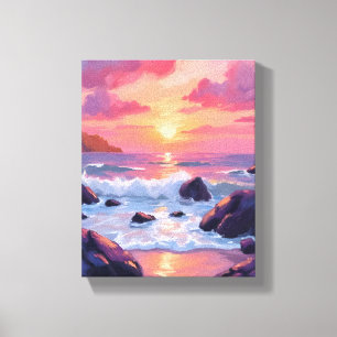 Lienzo Puesta de sol de coral rosa Olas del océano acua