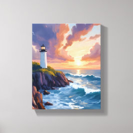 Lienzo Puesta de sol de faro costero | Pintura del océano