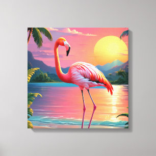 Lienzo Puesta de sol de flamenco en playa tropical