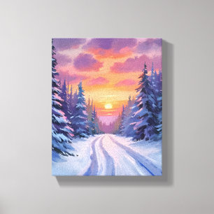 Lienzo Puesta de sol de nieve paisaje montañoso de invi
