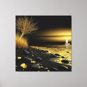 Lienzo Puesta de sol dorada junto a la orilla con velero