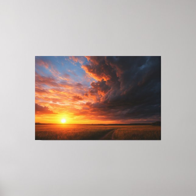 Lienzo Puesta de sol dramática y nubes sobre campo dorado (Anverso)